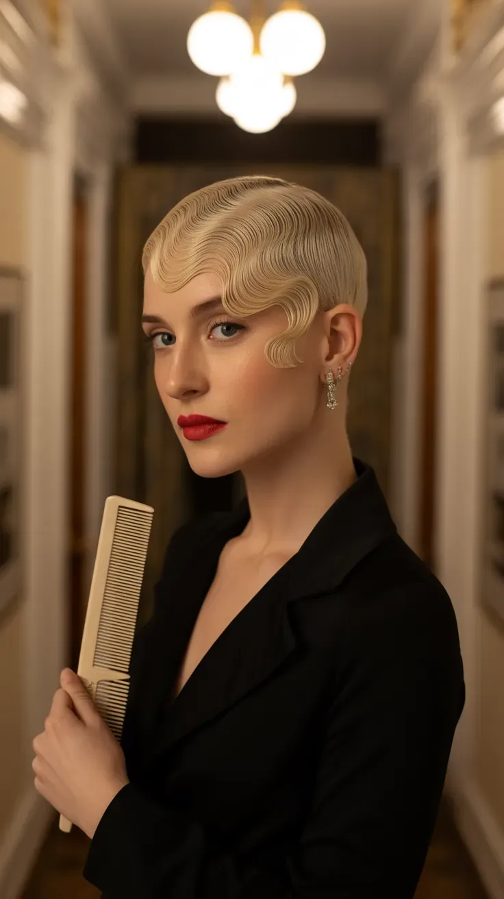 Pixie haircut styled with sculpted finger waves
