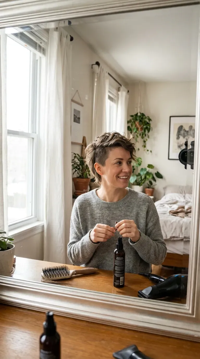 Pixie haircut with a longer textured top section