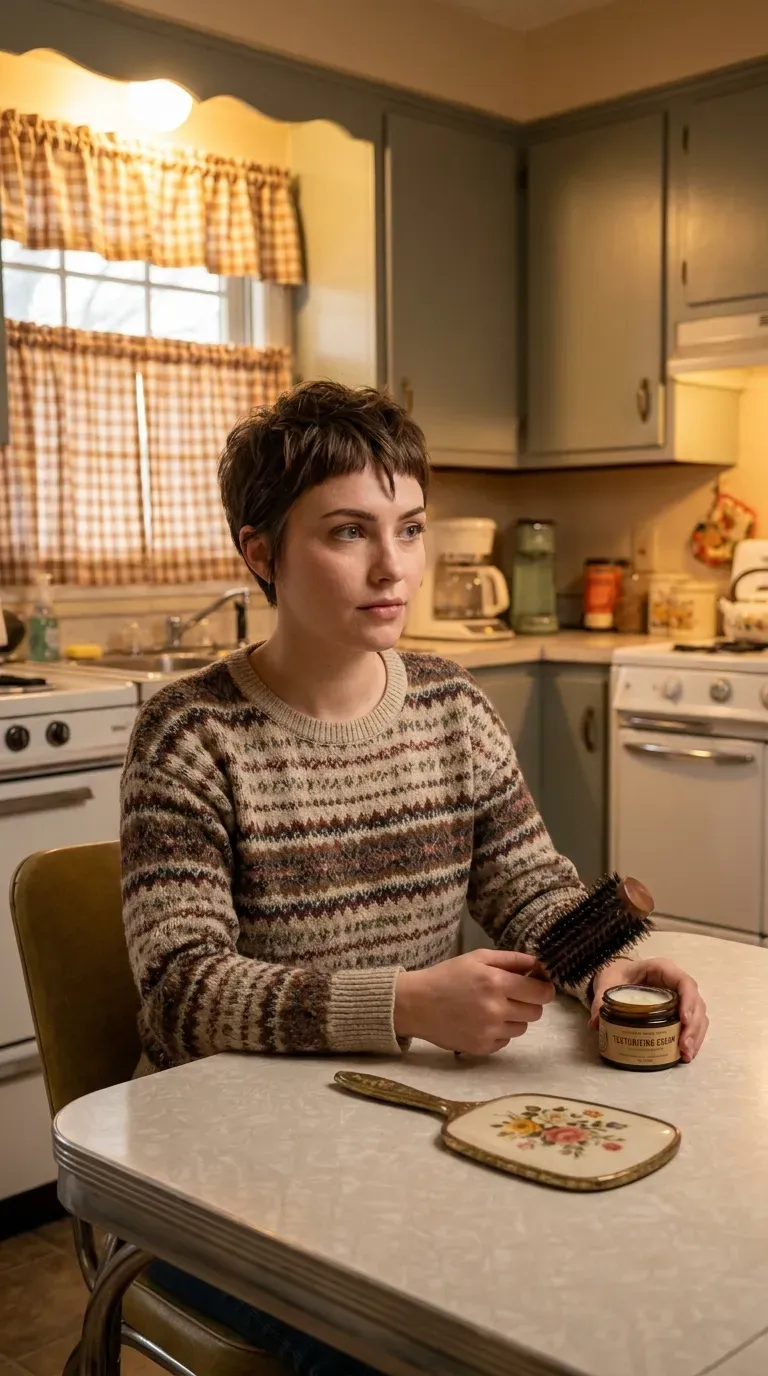 Pixie haircut with micro bangs on woman