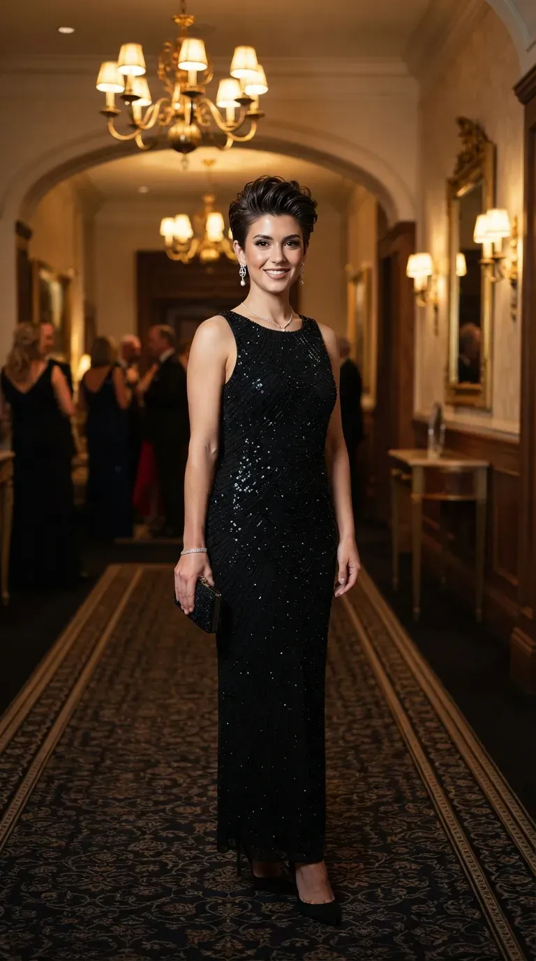 Edgy pixie haircut styled with extra shine and height for a night out
