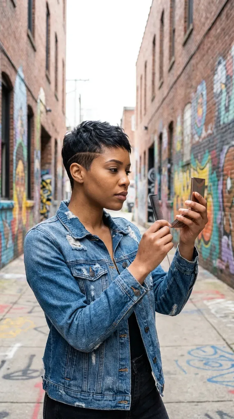 Edgy pixie haircut with a subtle shaved design detail