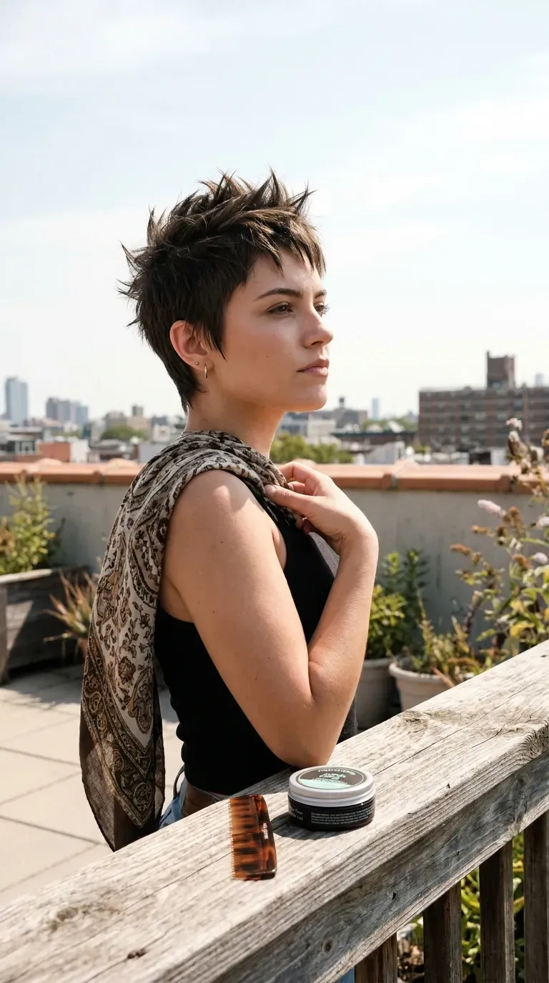 Spiky textured pixie haircut styled with sharp points