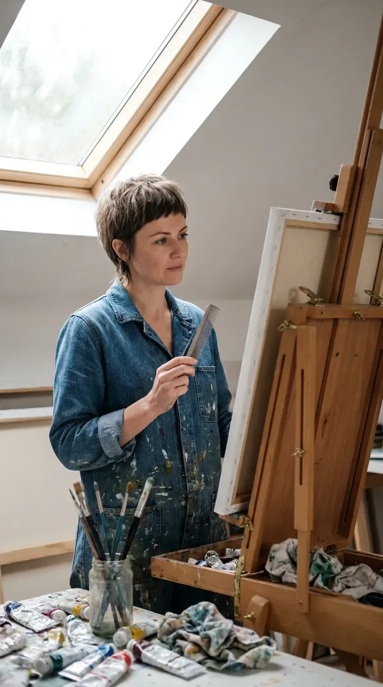 Long pixie haircut with textured fringe on woman