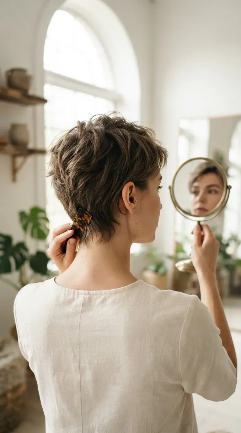 Pixie haircut with textured detailing at the nape