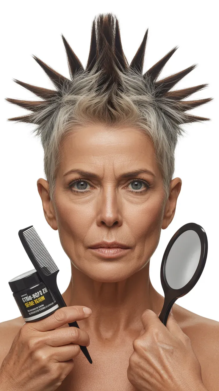 Woman over 50 with an edgy, mohawk-inspired spiky crop