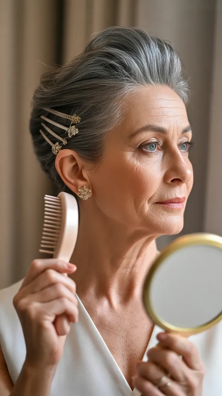Woman over 50 with a gray pixie styled elegantly swept back for a formal look