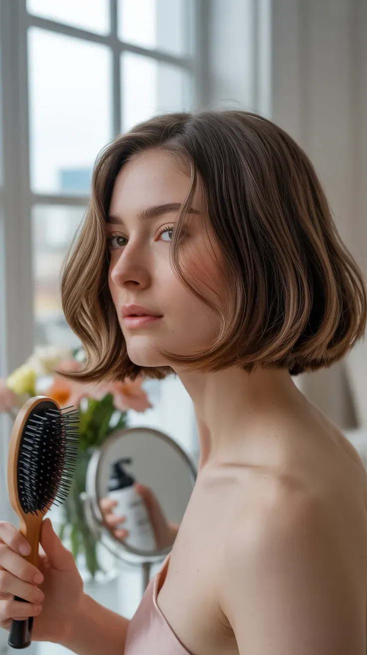 Woman with a bob styled with soft face-framing layers around the cheeks