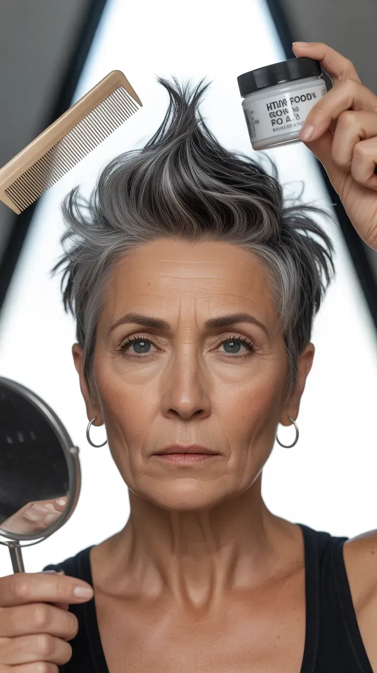Woman over 50 with a faux hawk-inspired spiky hairstyle