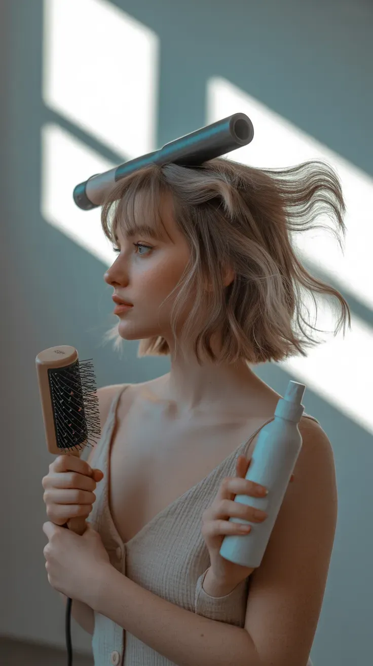 Woman with thin fine hair styled with feathered curtain bangs flicked outward