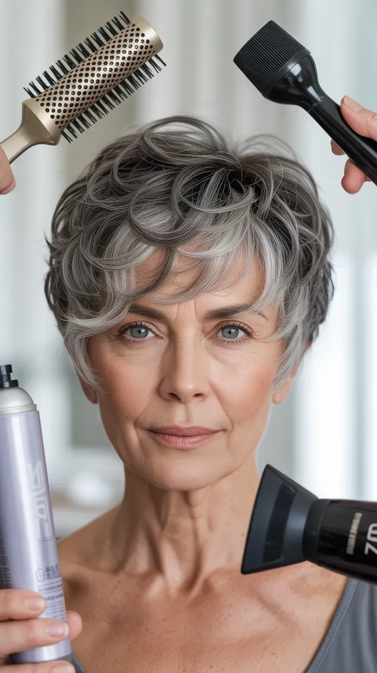 Woman over 50 with a feathered gray pixie styled with soft, flicked layers