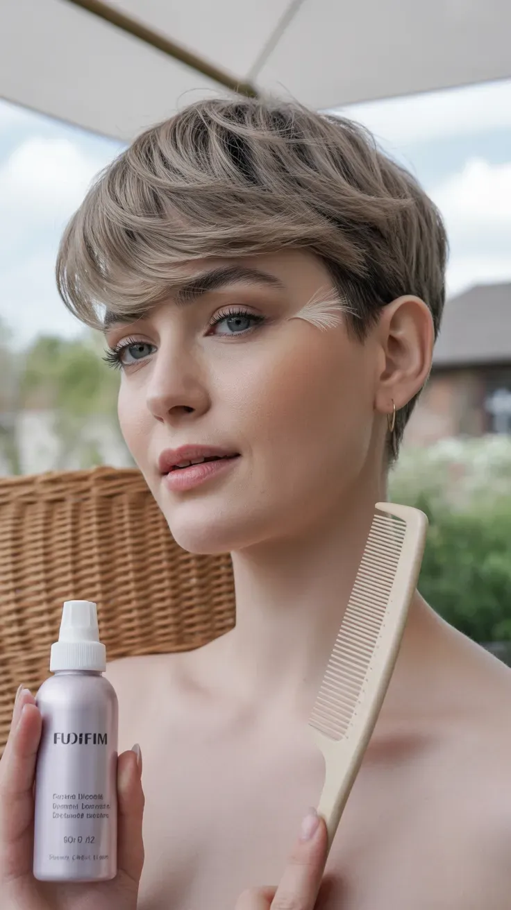 Woman with a feathered pixie cut styled with soft airy layers