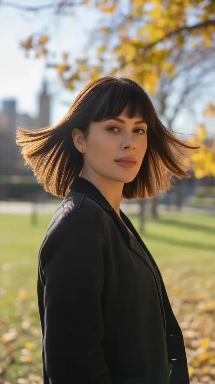 Woman with a feathered shag haircut and soft curtain bangs