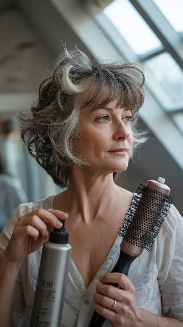 Woman over 50 with a feathered shag haircut featuring flicked-out layers
