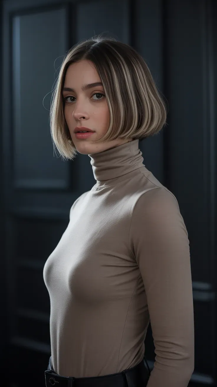 Woman with a French bob featuring subtly asymmetric length between the two sides