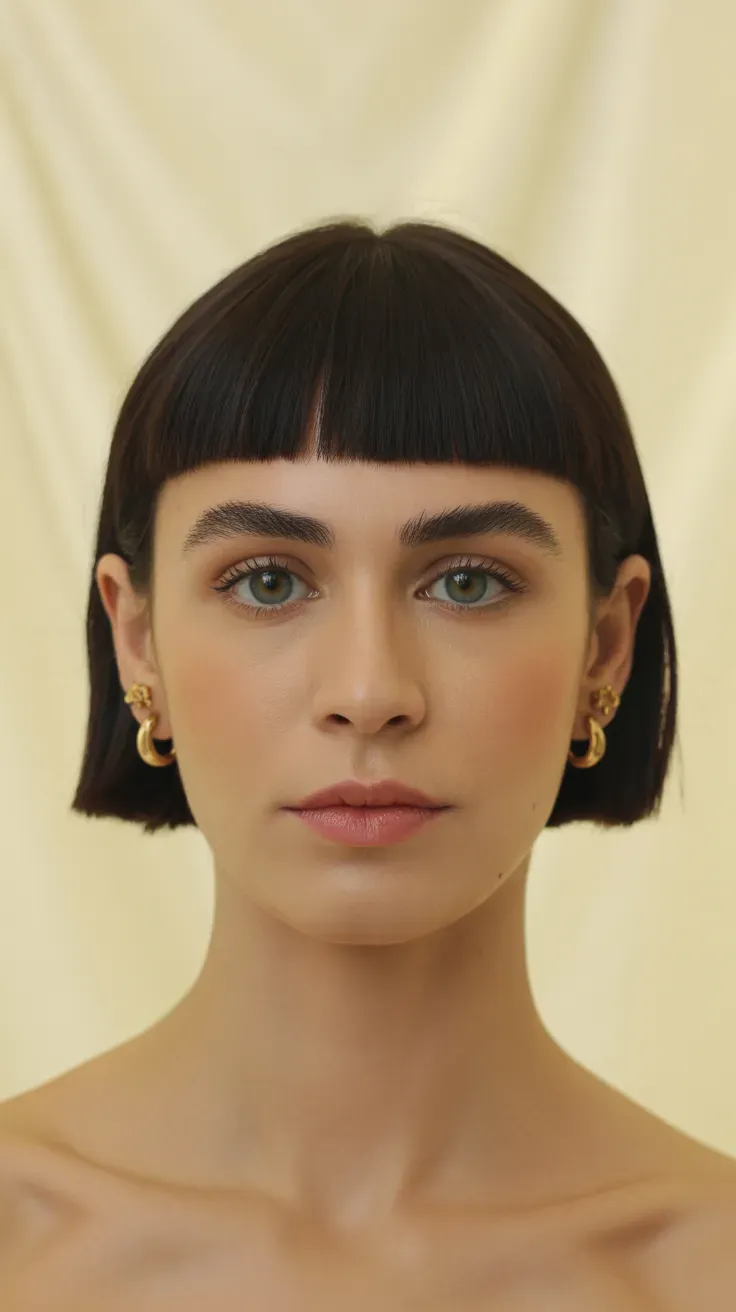 Woman with a French bob paired with a bold blunt eyebrow-skimming fringe