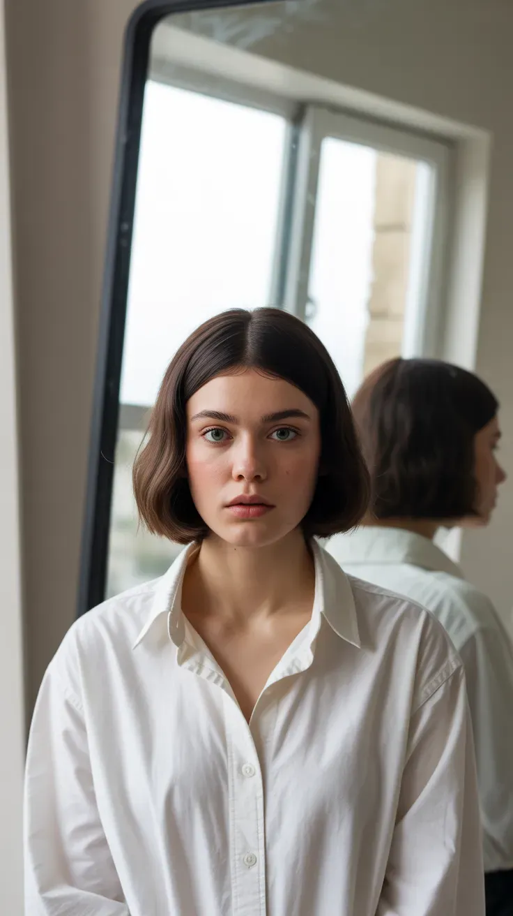 Woman with a French bob styled with a symmetrical center part