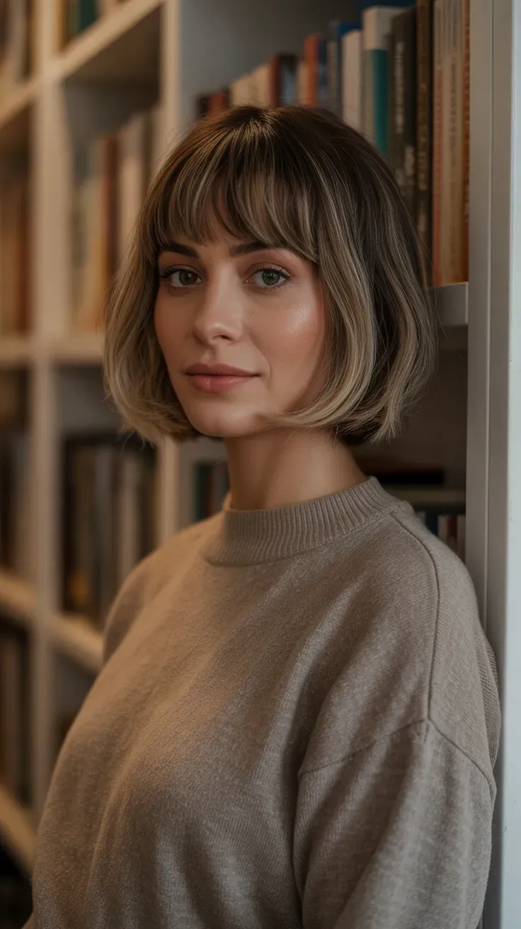 Woman with a French bob and soft curtain bangs parted at the center
