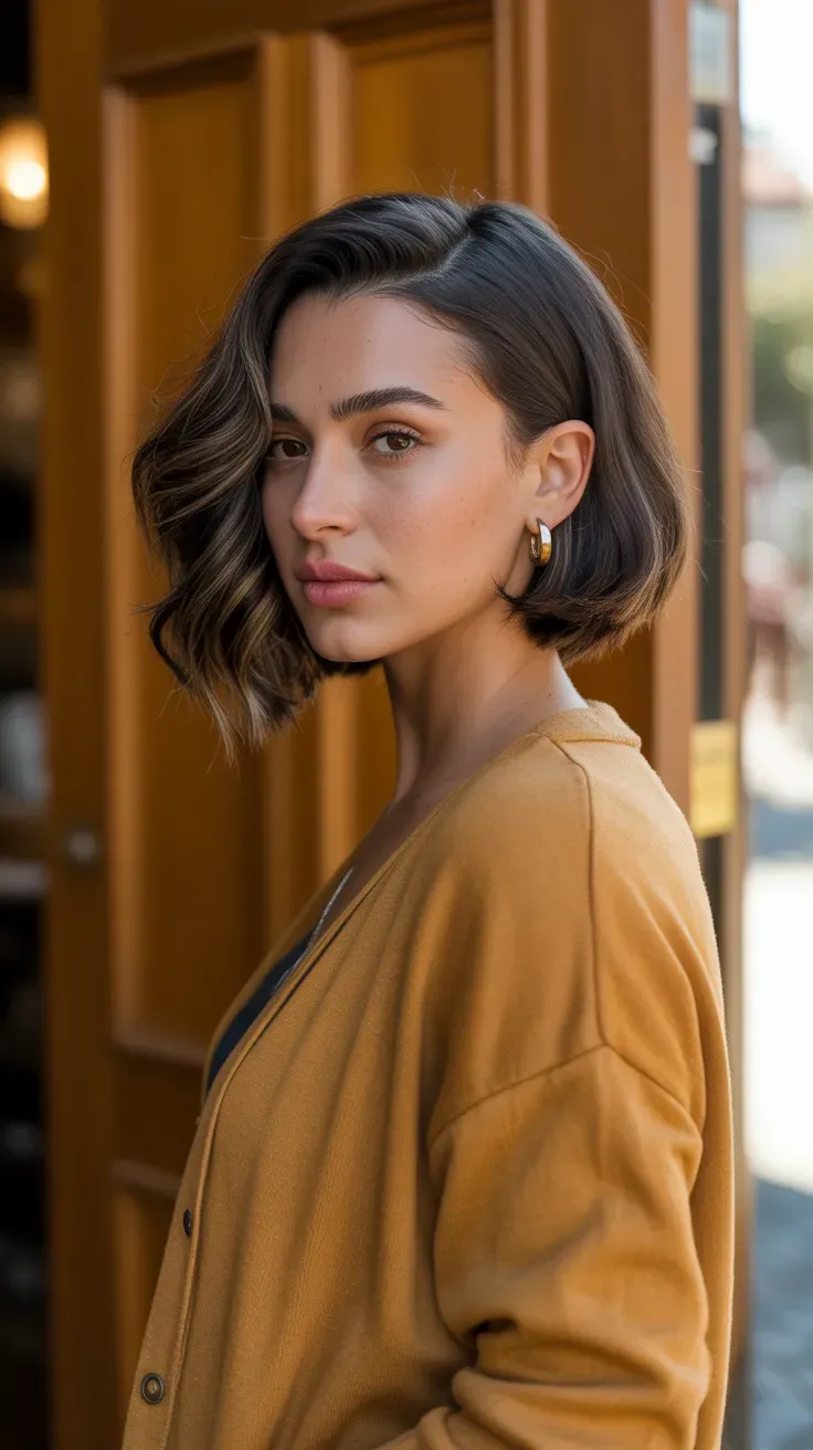 Woman with a French bob styled with a dramatic deep side part