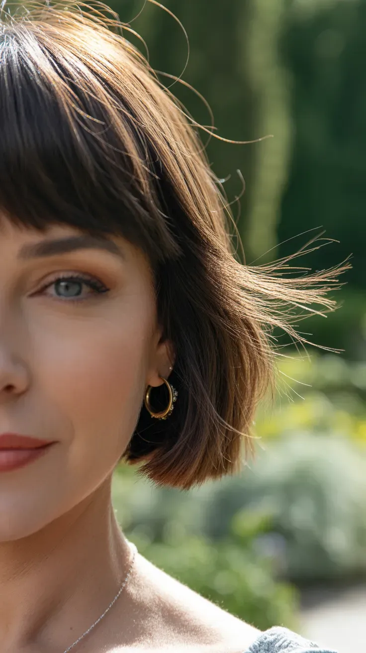 Woman with a French bob and feathered wispy bangs across the forehead