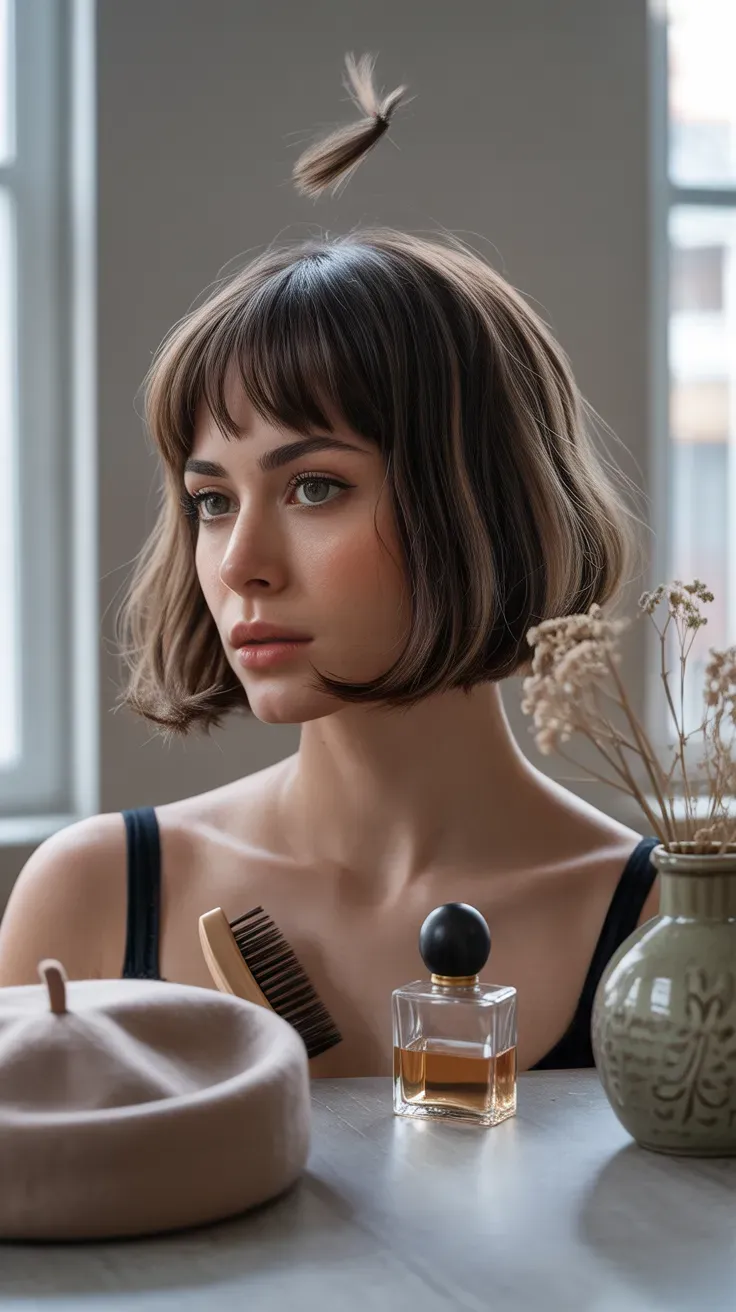 Woman with a short French bob and blunt curtain fringe