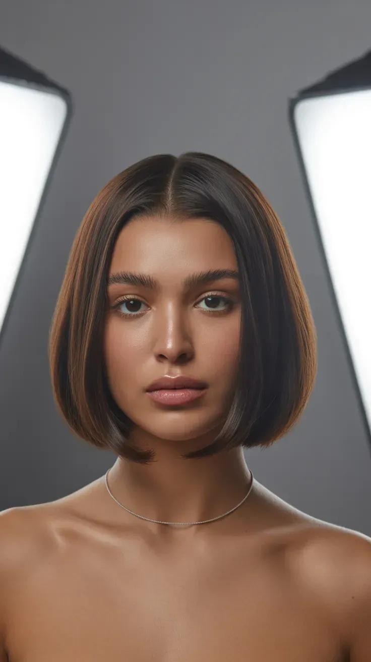 Woman with a French bob styled with a smooth glossy finish
