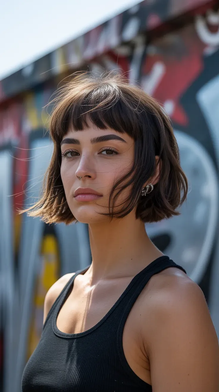 Woman with a French bob and a longer eyelash-length fringe