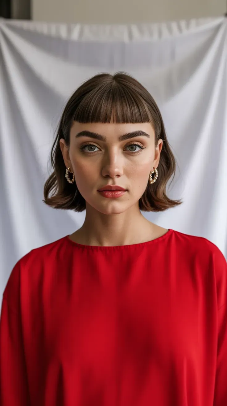 Woman with a French bob and short micro bangs above the eyebrows