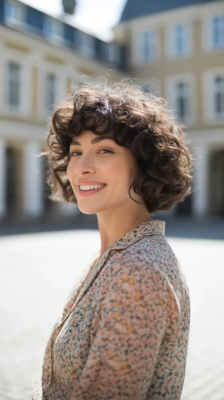 Woman with a French bob styled with soft defined curls throughout