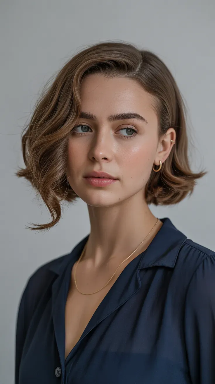 Woman with a French bob styled with loose soft waves and a side part