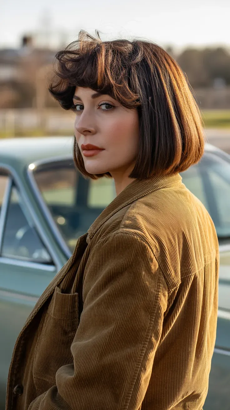 Woman with a French bob featuring heavily textured layers concentrated at the crown