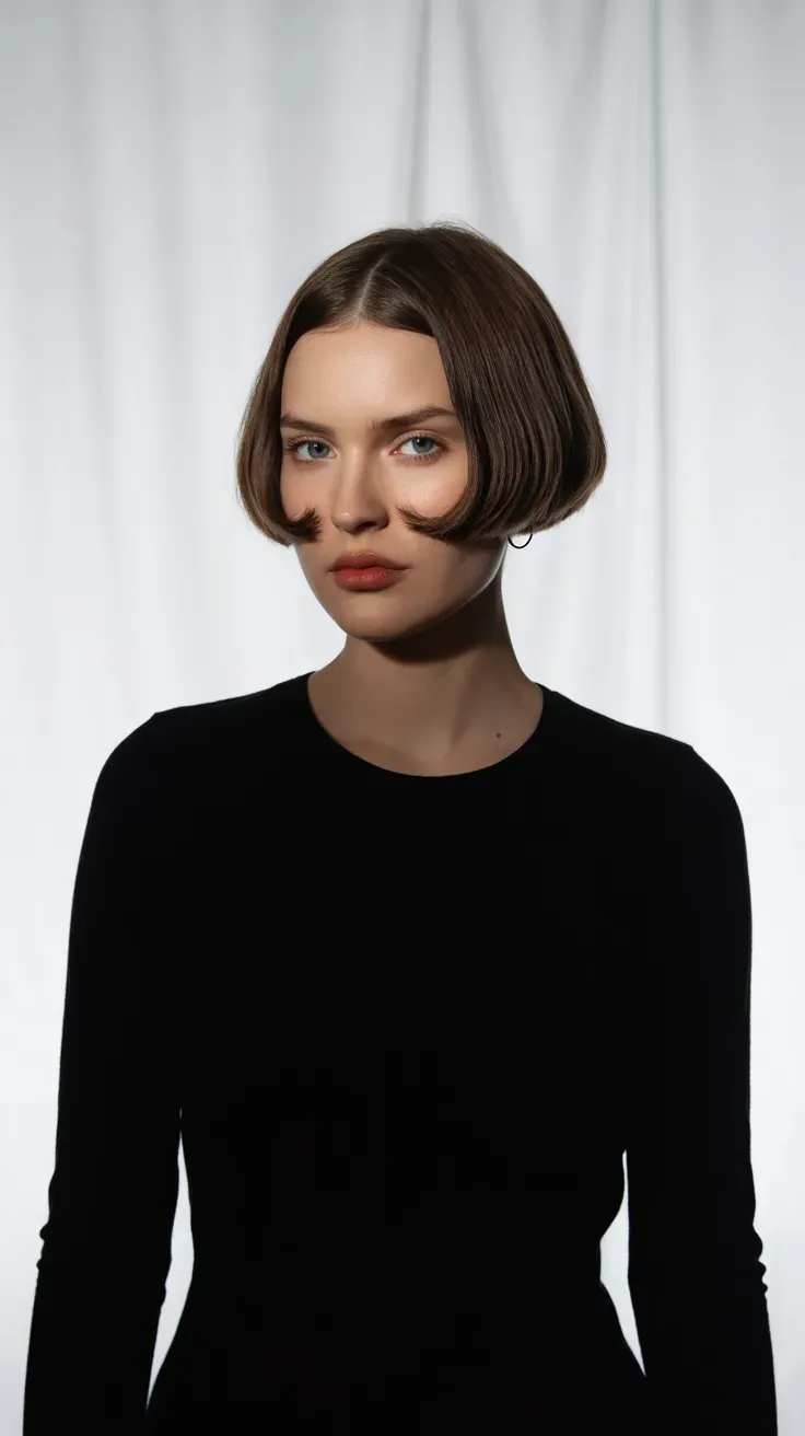 Woman with a French bob styled with the ends tucked under for a rounded shape