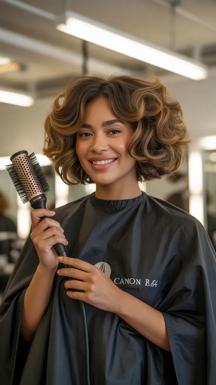 Woman with a French bob styled into a full voluminous blowout