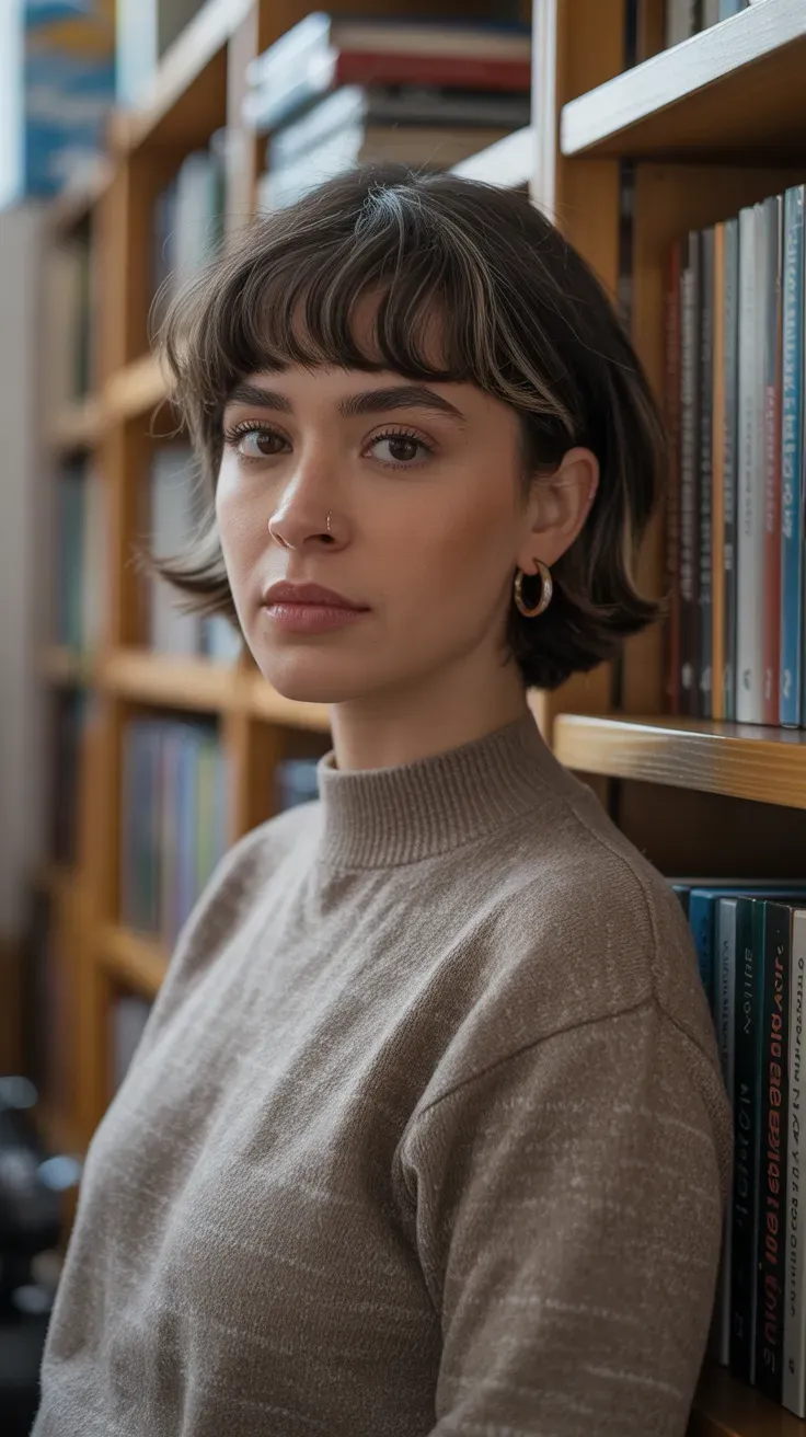 Woman with a short layered crop haircut and wispy bangs across the forehead