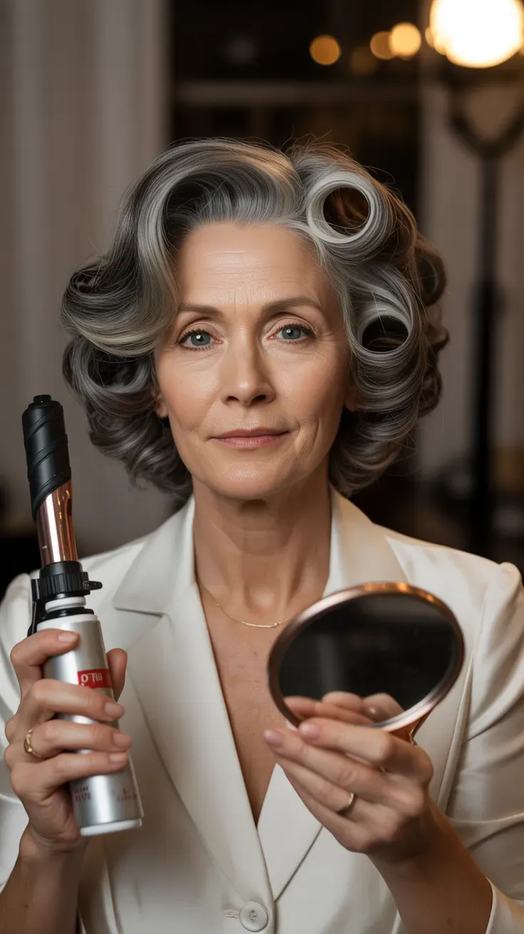 Woman over 50 with a gray bob styled with soft glamorous curls for an evening event