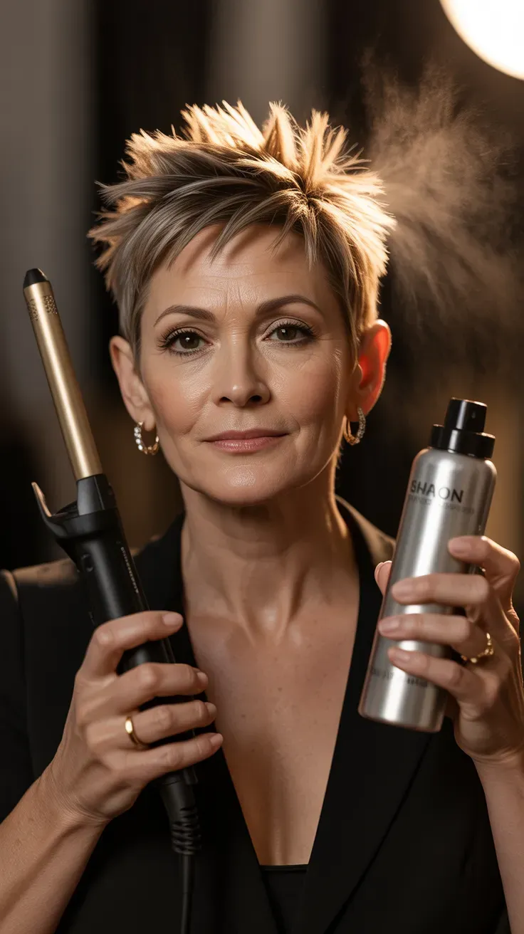 Woman over 50 with a spiky haircut polished and styled glamorously for evening wear