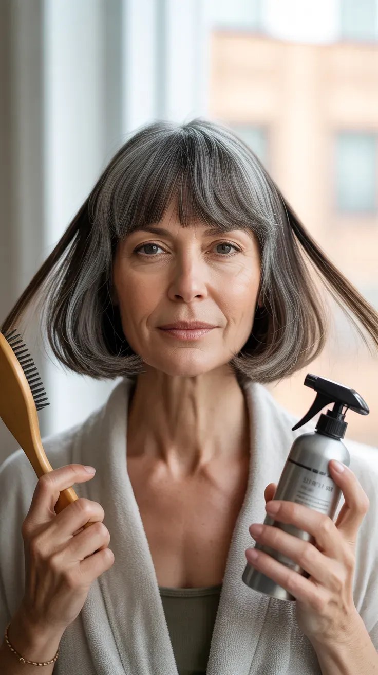 Woman over 50 with a gray bob paired with soft curtain bangs