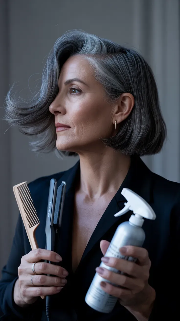 Woman over 50 with a gray bob styled with a deep, dramatic side part