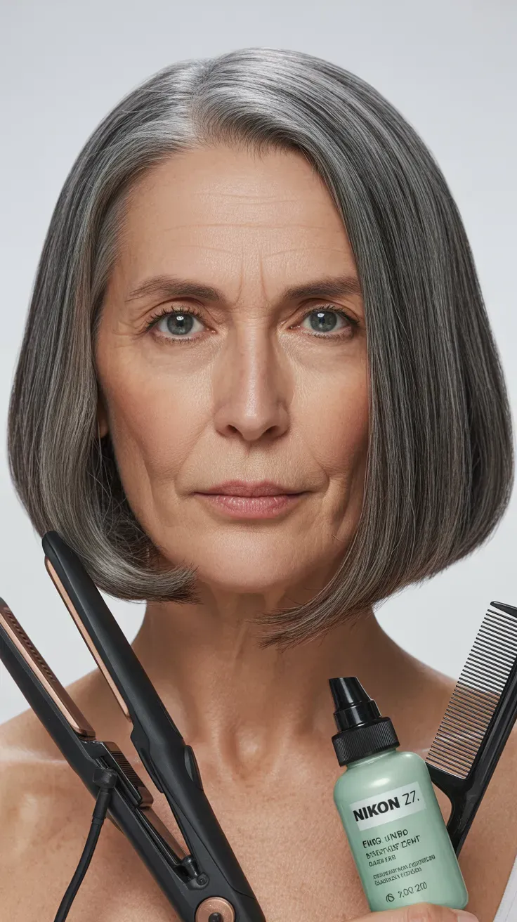 Woman over 50 with a gray bob styled perfectly sleek and straight