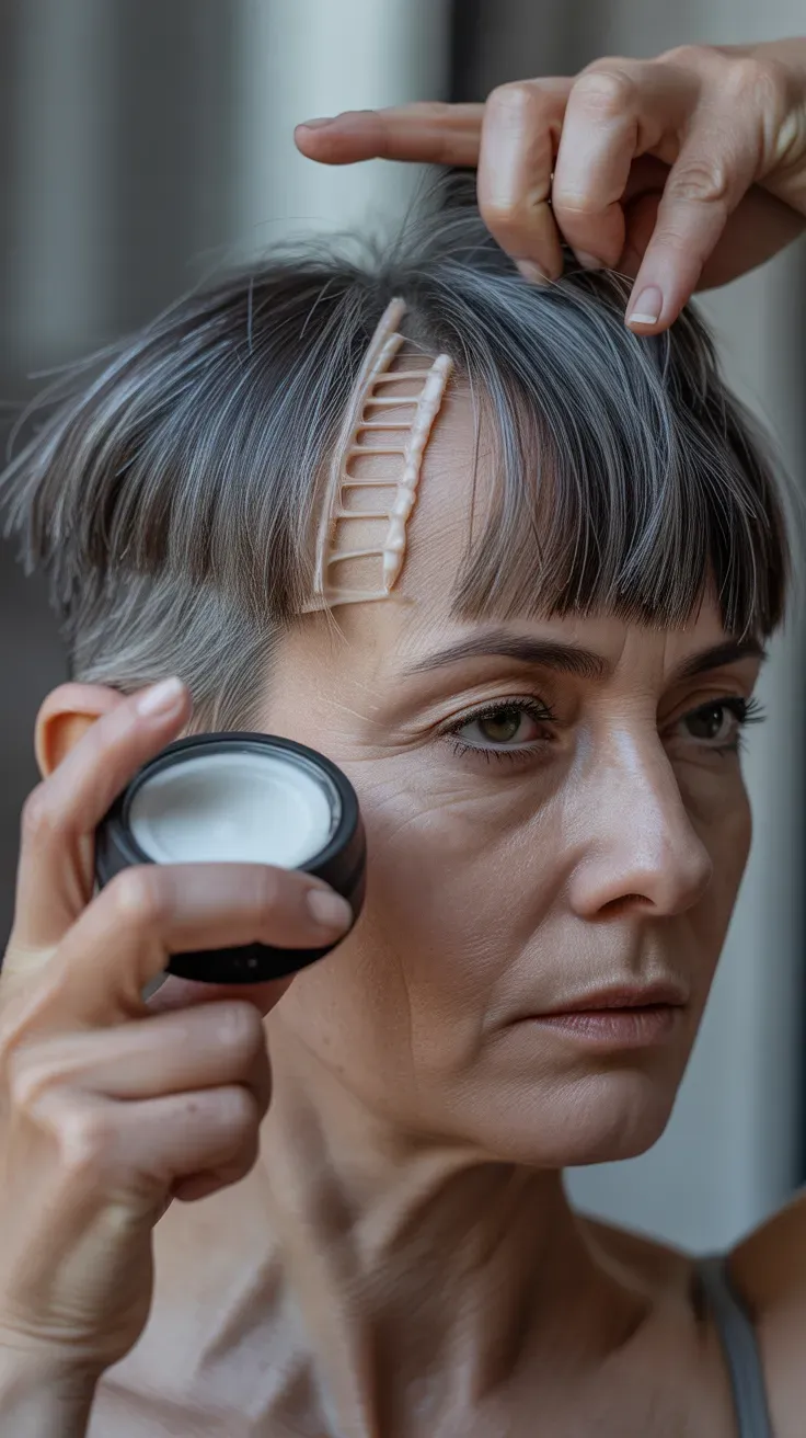 Woman over 50 with a gray crop featuring piecey, separated ends