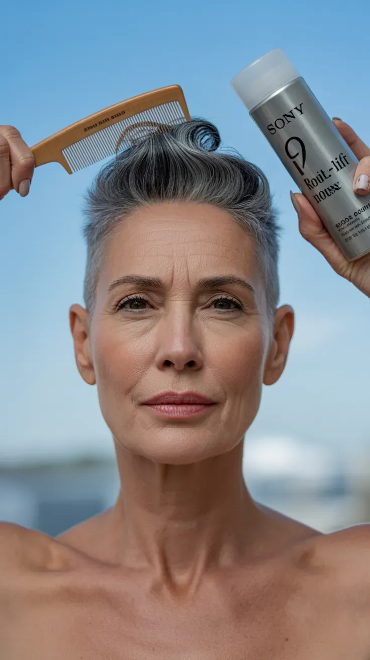 Woman over 50 with a gray crop styled with lifted, voluminous roots