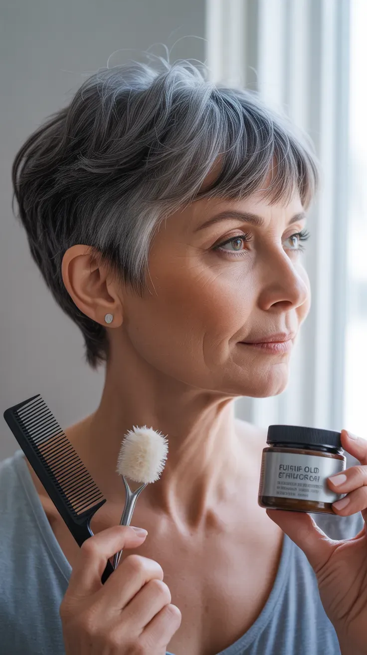 Woman over 50 with a gray pixie cut paired with a soft, swept fringe