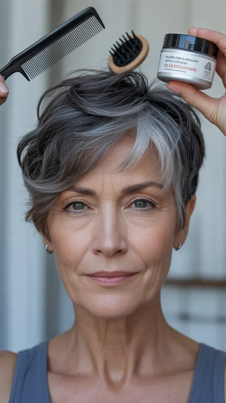 Woman over 50 with a gray pixie cut featuring extra length on top