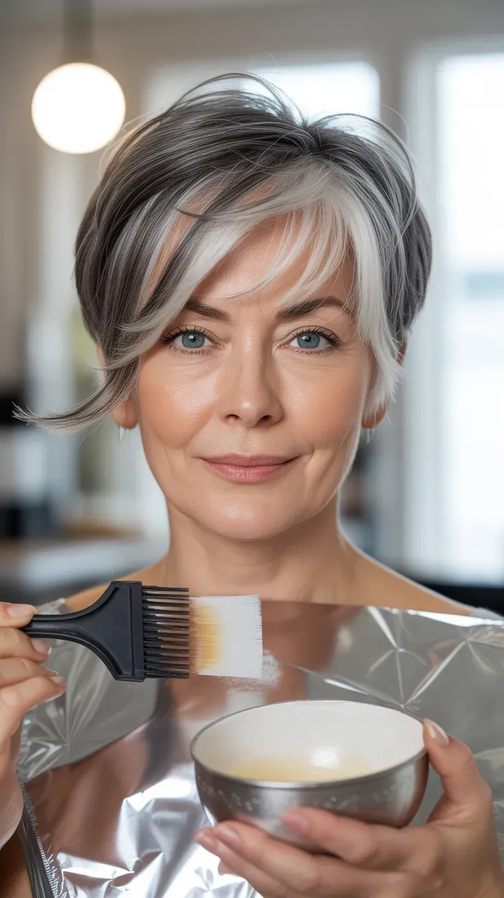 Woman over 50 with a gray pixie featuring soft, brightened white-blonde tones