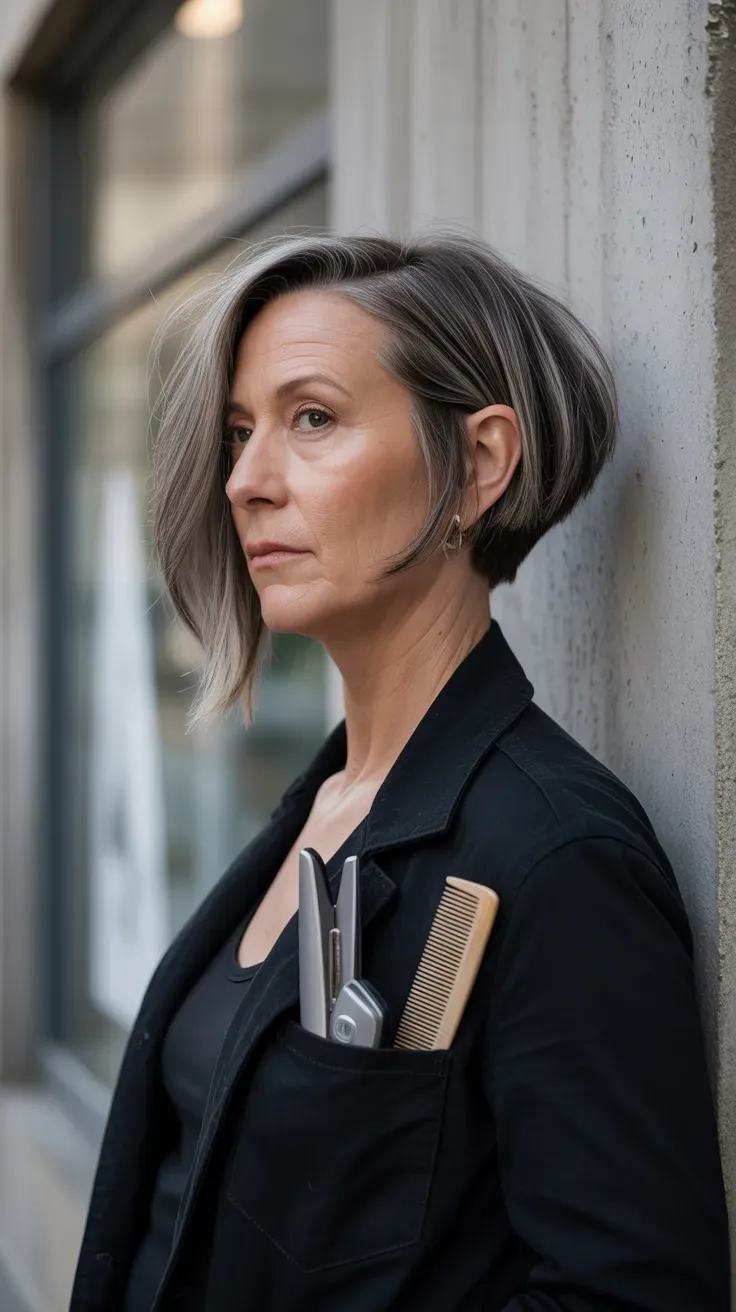 Asymmetrical bob haircut on woman over 50 with uneven layers