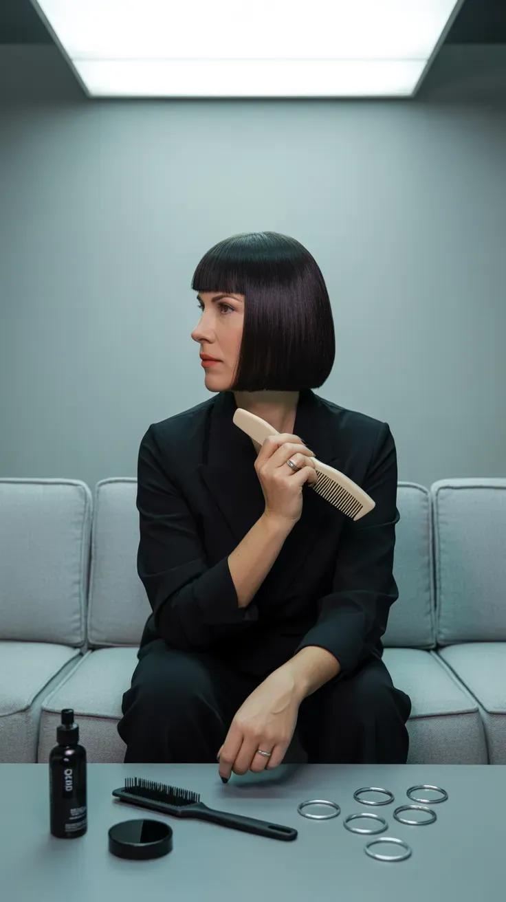 Blunt bob haircut with a deep side part on woman over 50