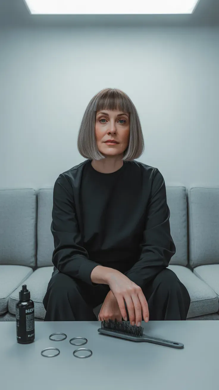 Blunt lob haircut on woman over 50 with thin fine hair