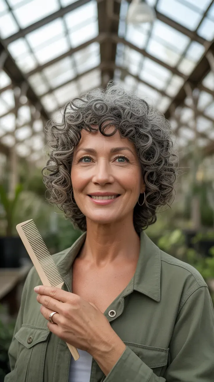 Curly crop haircut on woman over 50 with fine natural curls
