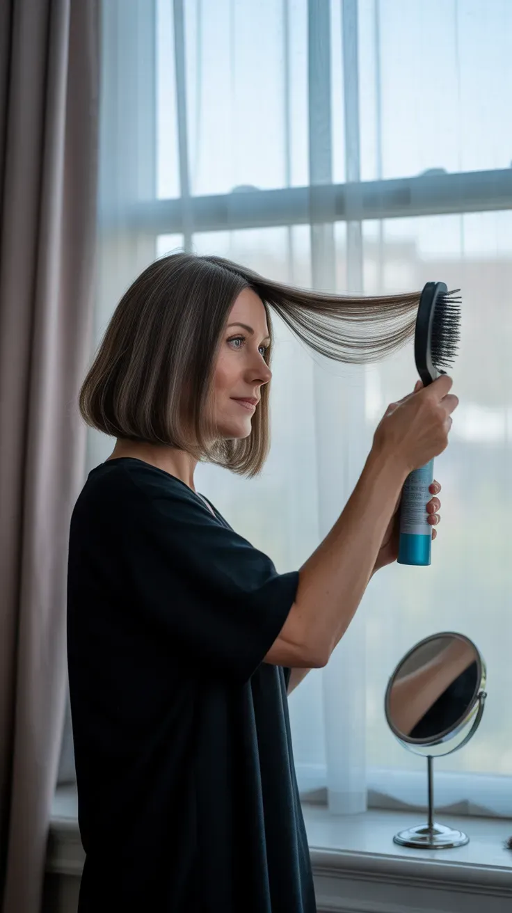 Medium length bob haircut with curtain fringe on woman over 50