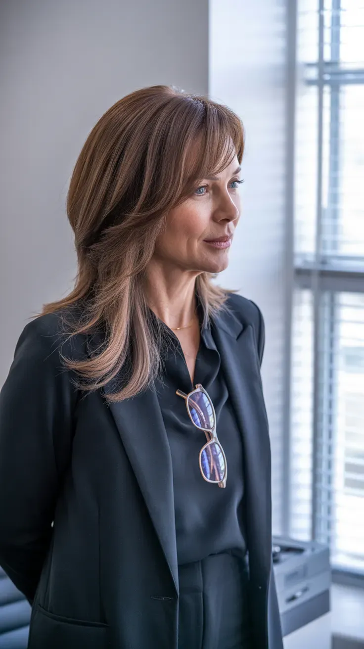 Medium length layered haircut with a deep side part on woman over 50