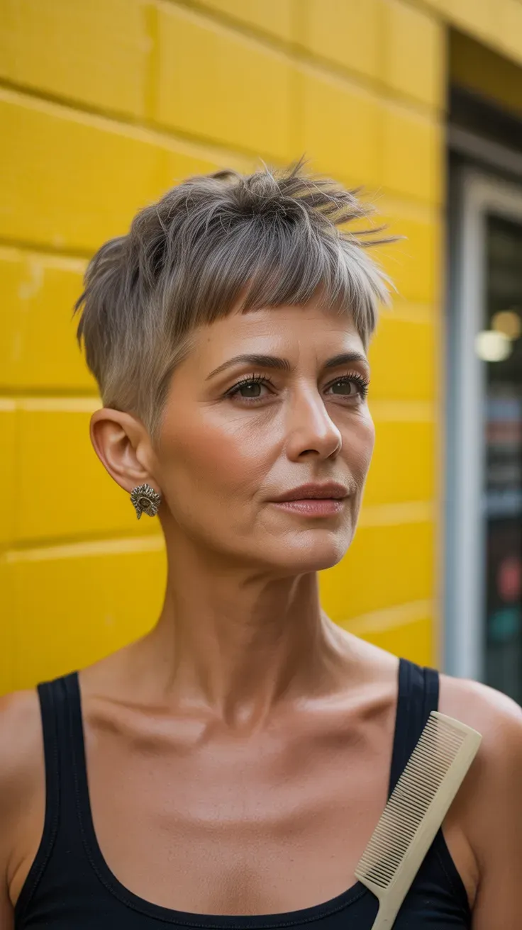 Ear-length pixie crop haircut on woman over 50 with cropped sides